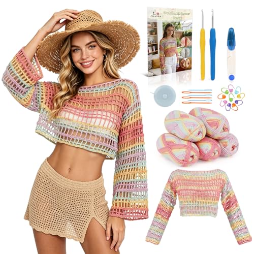 Image of Aeelike Beginner Crochet Kit for Adults, Crochets Set w Ombre Cotton Yarn & Step-by-Step Video Tutorials,Rainbow Coverup Sweater for Women Ideal DIY Gift Crochet Kit for Beginners,Gradient Pink