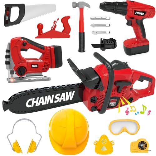 Kids Tool Set with Electric Toy Drill Chainsaw Jigsaw Toy Tools, Realistic Kids Power Construction Pretend Play Tools Set Toy STEM Playset Toddler Toys Kit for Toddler Boy Girl Kid Child Tool Set Toy