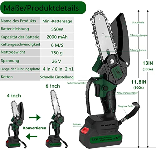 Mini Kettensäge YMISII mit Akku, 6 Zoll und 4 Zoll Schwertlängen