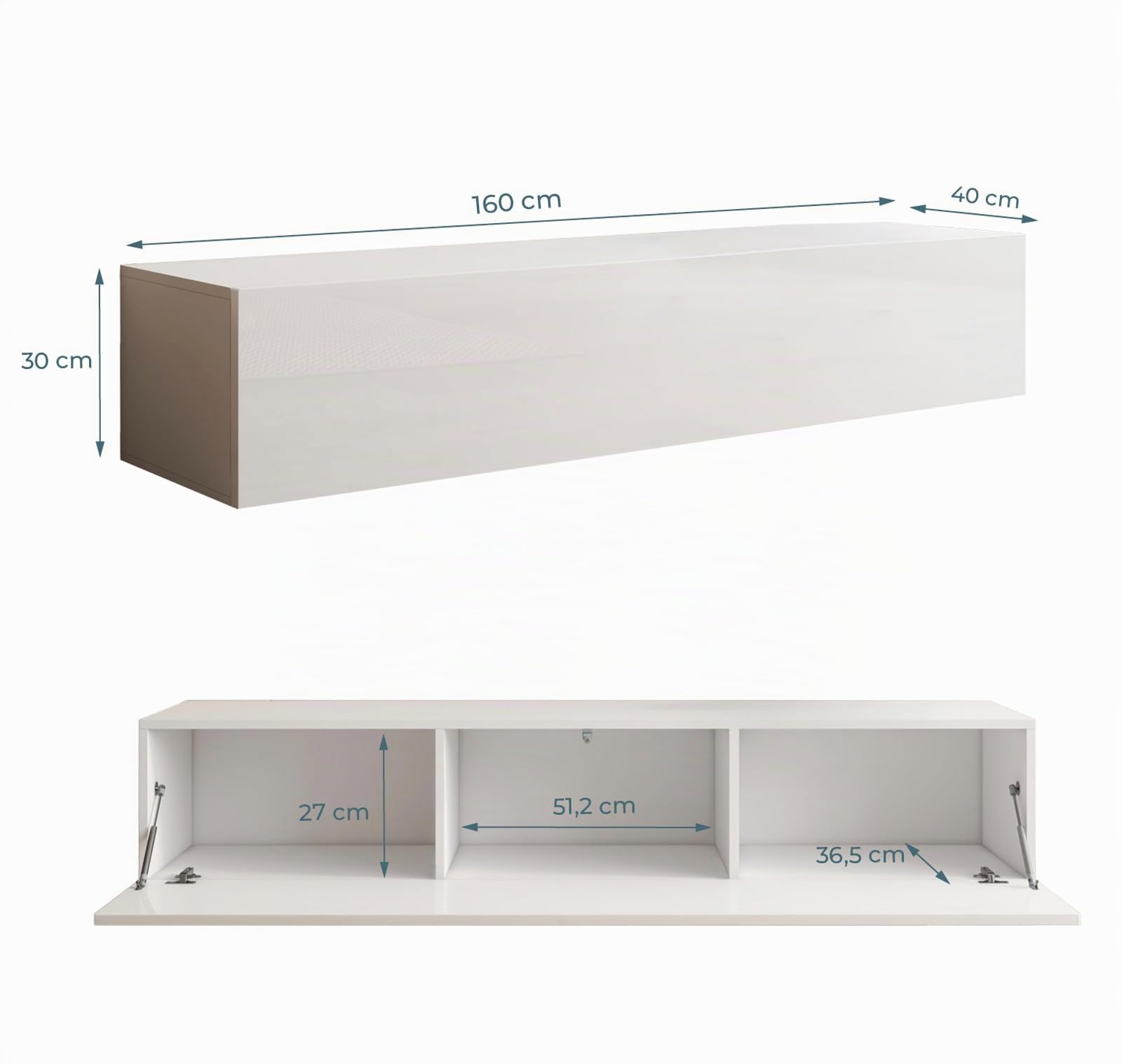 Mueble de Salón Moderno Suspendido Modelo Nora | Conjunto de Comedor con Vitrina LED, Mueble TV Bajo y Estantes | Acabado Frontal Blanco Brillo y Sistema Push-Click | 300cm aprox. de Longitud