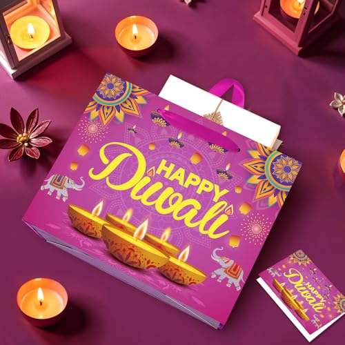 Happy-Diwali-Gift-Bags-Diwali-Party-Supplies-Festival-of-Lights-Favors-Gift-Bags-with-Wrapping-Paper-and-Card-Large-Indian-Diwali-Wrapping-Paper-Bag-Pink-Candlelight-Goodie-Bags-Deepavali-Decoration