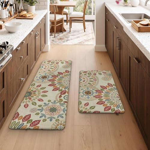 Image of SHREENIDHI Kitchen Floor Mat Set of 2 Rectangular Printed Mats for Sink Stove and Counter Area Placement with Kitchen Theme Geometric and Floral Design Options (Leaf Pattern Mat 1)
