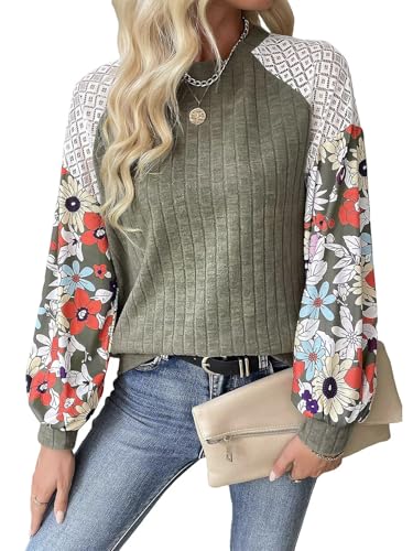 SKVON Floral Tops for Women Patchwork Long Sleeve Ribbed Blouses Crewneck Striped Crochet Print Shirts Lace Knit Sweaters