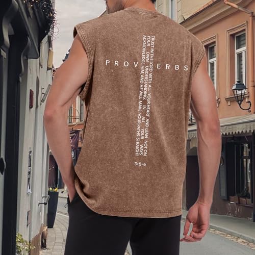 Image of Christian Gym Workout Tank Tops for Men Vintage Bible Verse Cross Graphic Sleeveless Muscle Shirts Acid Wash Tanks Top