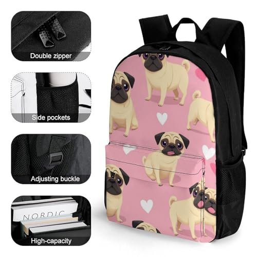Supdreamc Lightweight Rucksacks for Climbing Outdoors Walking Cycling - Large Capacity Anti-Theft Multipurpose Carry On Bag, Funny Cartoon Pugs Puppy Pink Camping Outdoor Backpack3