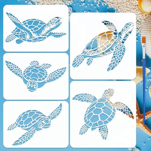 Image of FINGERINSPIRE 5PCS Sea Turtle Stencil with a Brush 30x30cm/29.7x21cm Reusable Turtle Pattern Drawing Templates Sea Ocean Animal Theme Stencils for DIY Home Decor Craft Projects