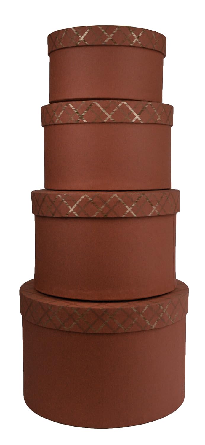 Emartbuy Set of 4 Round Handmade Cotton Paper Gift Box, Chequered Red, Red Interior
