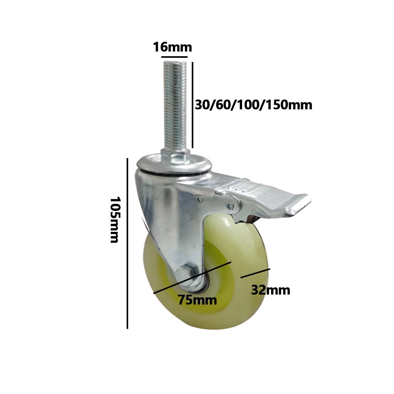 75 mm Hochleistungs-Lenkrollen aus Nylon, Gewindestangen M16 mit Bremse, 4er-Set geräuschlose Trolleyrollen, tragend 300kg(Brake,M16*100)
