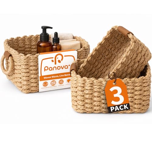 Panovox Storage Basket Recycled Paper Rope Basket Organizer 3Pcs Small Baskets for Organizing Mini wicker Basket for Decorative Storage Bins Shelves Cabinet - Brown