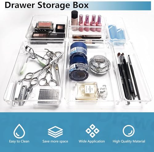 Image of UCRAVO 5Pcs Clear Plastic Drawer Organizers Set, Clear Drawer Organizers & Storage Bins for Makeup /Jewelry Vanity, Kitchen Or Office Desk. Bathroom