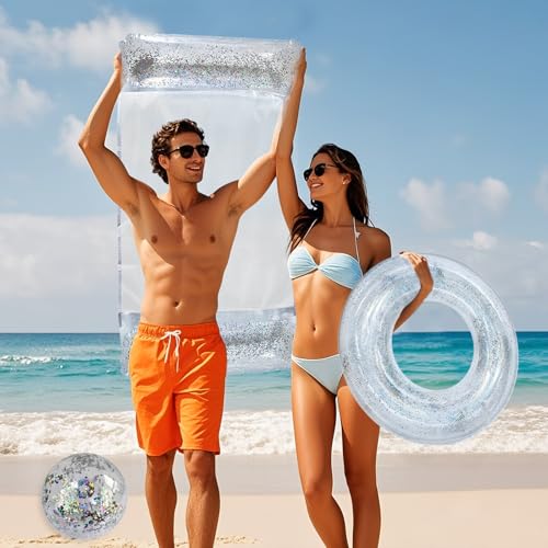 4 Stück Aufblasbares Schwimmbett, Pailletten Aufblasbare Wasserhängematte mit Schwimmring Wasserball Pumpe,4-in-1-Multifunktions Pool Luftmatratze für See Strand Schwimmbad Wasserspaß
