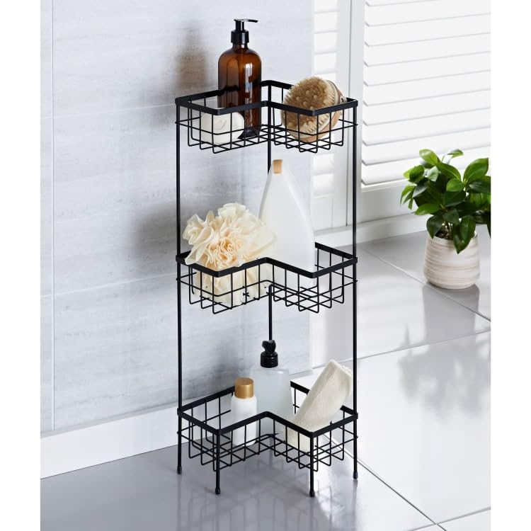 rightclick 3-Tier Bathroom Storage Caddy Freestanding shower saddy bathroom storage Shower Basket Caddy Toilet Storage Holder Metal Shower Shelf bathroom Organiser for Toiletries. 22x22x64cm (Black)