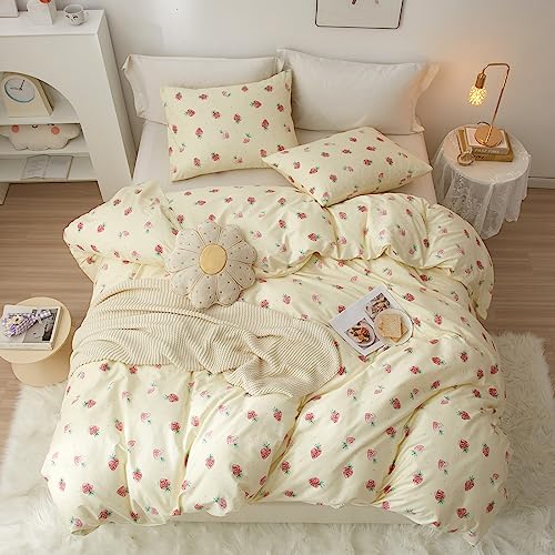 Image of VM VOUGEMARKET Cute Strawberry Duvet Cover Full 3 Pieces Fruit Bedding Set Cream White Cotton Quilt Cover with Zipper for Girls Women 80x90 Inch
