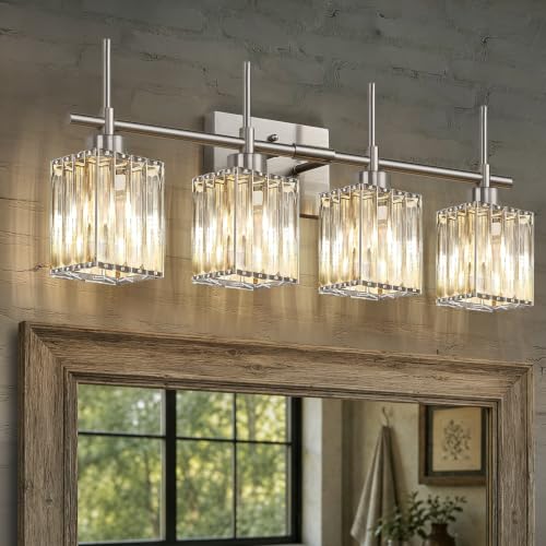 Image of Torondo Modern Crystal Bathroom Vanity Light 4-Light Brushed Nickel Bathroom Light Fixtures Over Mirror Vanity Lighting Fixtures Square Shade Wall Sconce (Bulbs Not Include)