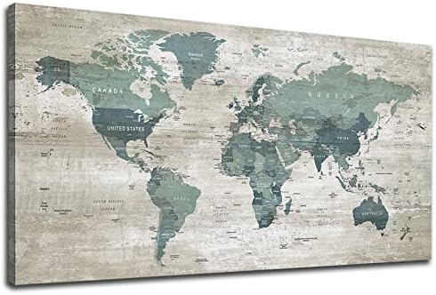 Vintage World Map Canvas Wall Art Teal Map of World Grey Wooden Board Wall Decor Travel World Map Memory Modern Artwork Framed Canvas Prints for Home Office Living Room Bedroom Decoration 20"x 40"