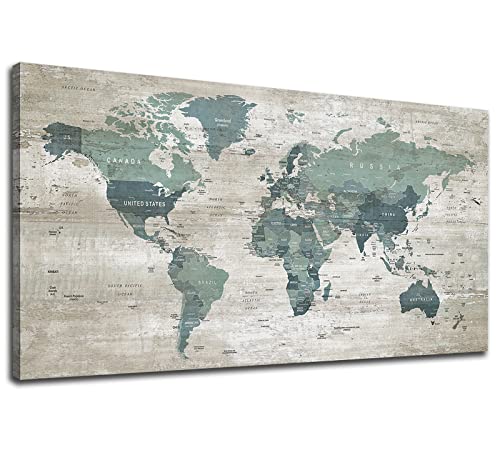 Vintage World Map Canvas Wall Art Teal Map Of World Grey Wooden Board Wall Decor Travel World Map Memory Modern Artwork Framed Canvas Prints For Home Office Living Room Bedroom Decoration 20"X 40" #TOP2