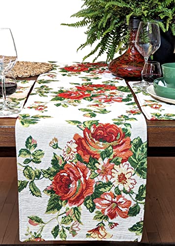 Tache Sweet Roses Spring Summer Traditional Country Vintage White Red Floral Decorative Woven Tapestry Kitchen Coffee Table Runners Scarfs, 13X72 #TOP5