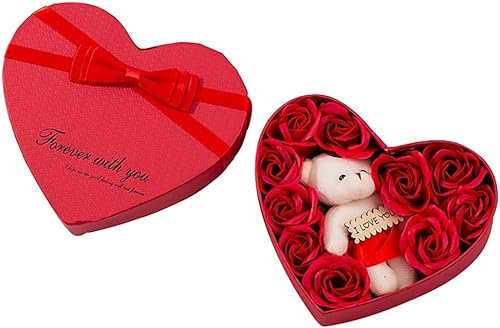 Caja de regalo de rosas románticas con bonito oso de peluche y etiqueta I Love You en forma de corazón, pétalo de cuerpo de baño perfumado para el