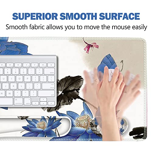 Image of ARTSO Extended Gaming Mouse Pad Set, Keyboard Wrist Rest Support Pad + Wrist Cushion + XXL Large Mouse Pad + Coaster, Stitched Edge, Non-Slip, Memory Foam Desk Mat, Blue Lotus Ink Painting
