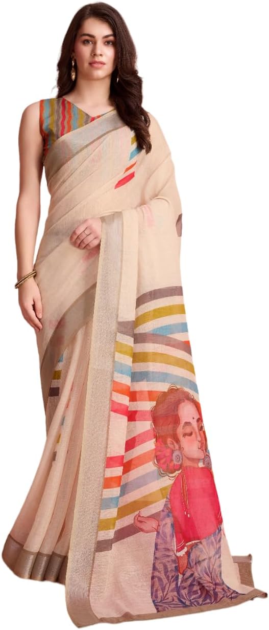 Art Face Prints Handloom Linen Cotton Ready To Wear Saree