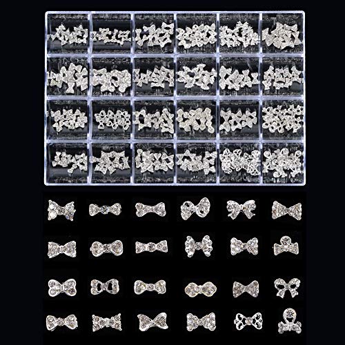 Weilusi Nail Art Rhinestones 24 Styles 3D Metal Bow Nail Charms Gems Multi Shapes Alloy Bow Glass Crystal Decals For Nail Art Makeup Face Decor Diy Crafts Nail Supply #TOP6