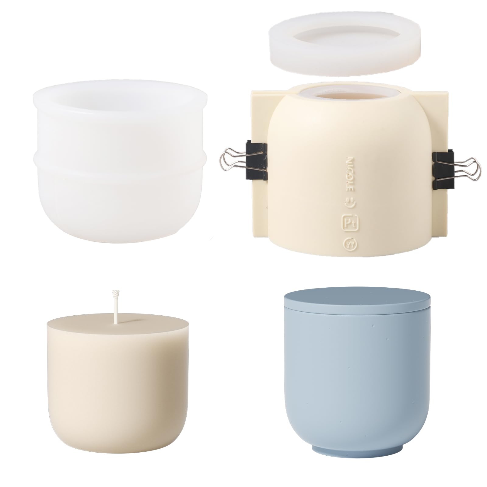 Round Candle Vessels With Lid Silicone Mold, 9oz Refill Mold, Jar Mould for Jesmonite Concrete Cement (SH1023+916-2+LZ624)