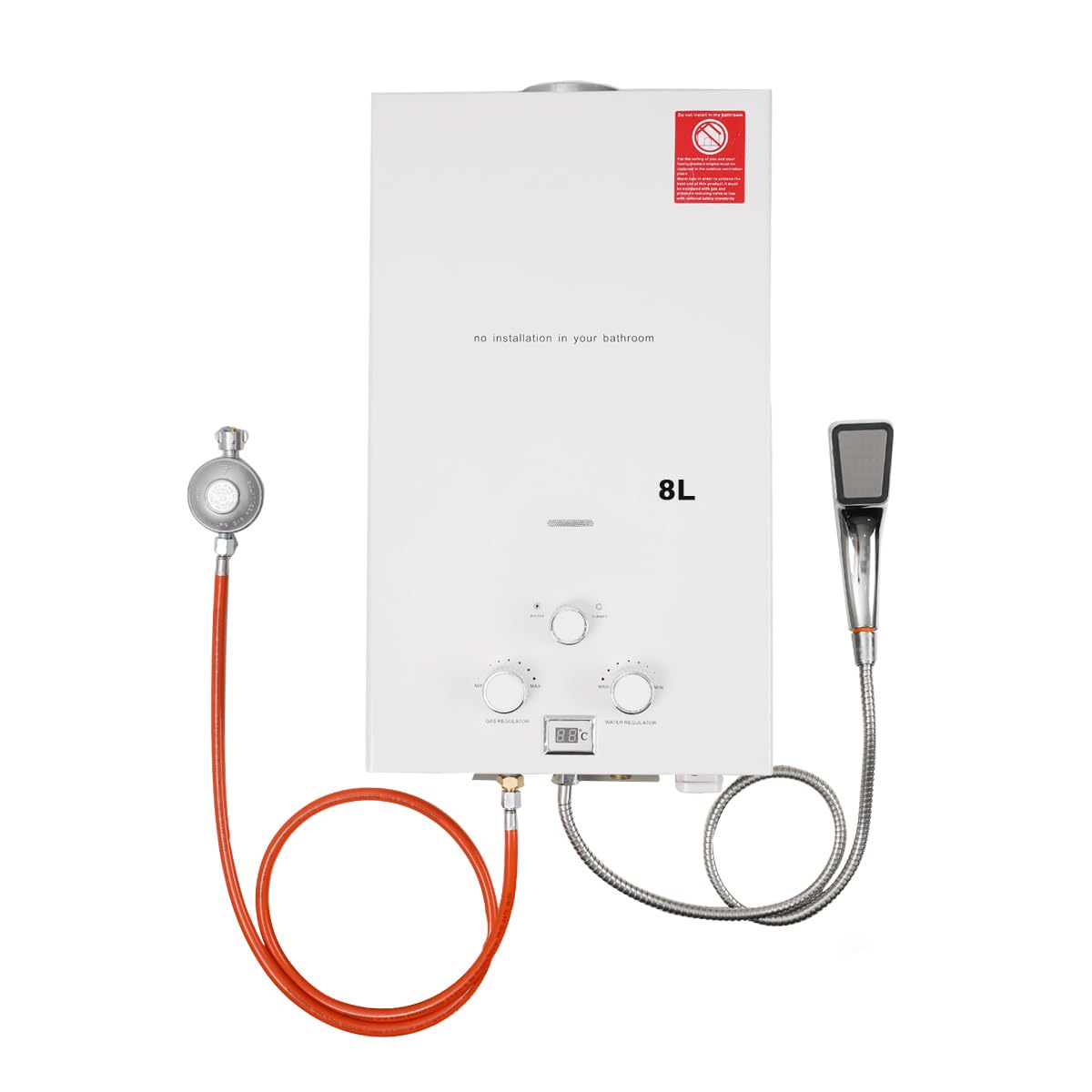 16KW LPG Propangas-Warmwasserbereiter mit Gasdruckregler, Tankloser Sofort-Warmwasserbereiter Kesselbrenner mit Duschkopf-Kit für Kleine Häuser Segelbootkabinen für Wohnmobile Camping, Weiß
