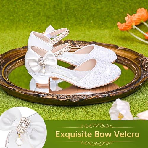 Image of Motasha Sparkly Girls Dress Shoes Kids High Heels Toddler to Big Kid | Glitter Closed Toe, Rhinestone Bow Straps, Hook-and-Loop Closure, Low Heel, Anti-Slip Outsole for Wedding Birthday Parties