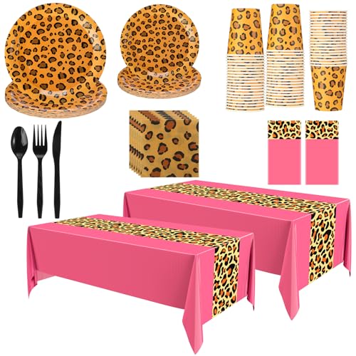 Oudain 162 Pcs Cheetah Party Supplies Leopard Print Tableware Set, Hot Pink