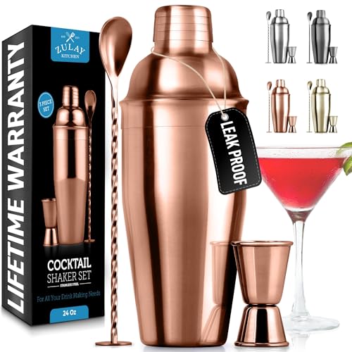 Zulay Cocktail Shaker Set - Stainless Steel Mixed Drink Shaker - Martini Shaker Set with Build in...