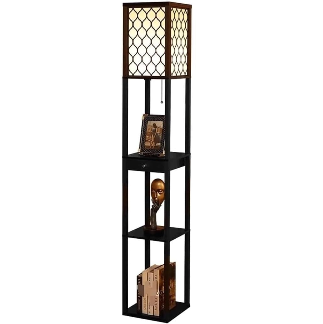 CVdrtyED Standing Lamp Retro Wooden Floor Lamp with Drawer High Pole with 3 Shelves Tall Lamps Fabric Lampshade Bedroom Living Room