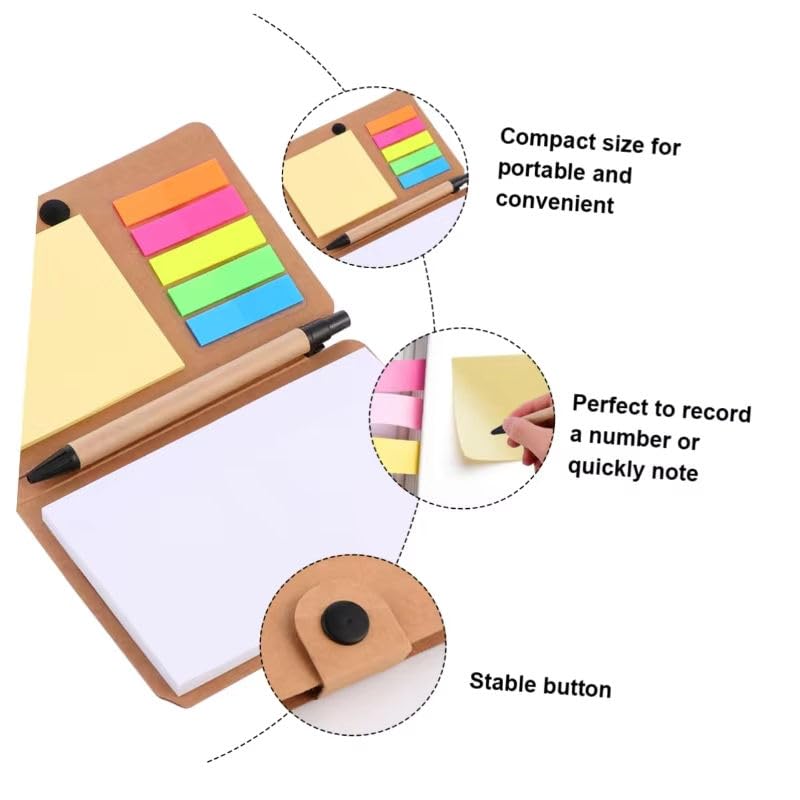 Image of AccuPrints Compact Sticky Notes Organizer with Pen Holder Kraft Paper Cover Colorful Sticky Tabs Button Closure 15.3x10cm