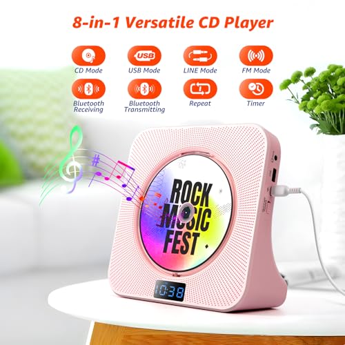 Image of Desktop CD Player with Speakers, ROADOM Bluetooth CD Player with Hi-Fi Stereo Sound, Remote Control, Supports CD /Bluetooth /FM Radio /USB /AUX /Timer /Repeat