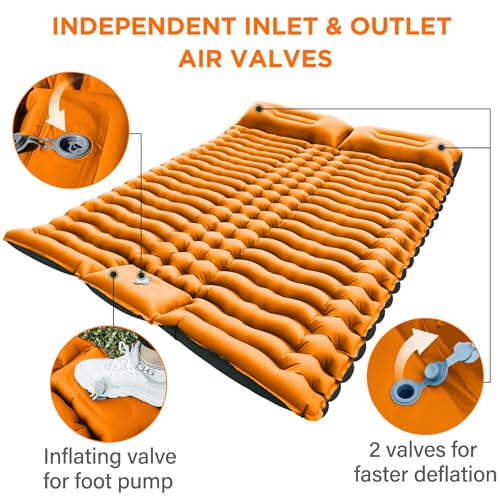 Double Camping Sleeping Pad, Inflatable Camping Pad Foot Press Ultralight 2 Person Camping Mat with Pillow for Camping Hiking Traveling Backpacking Tent-Orange