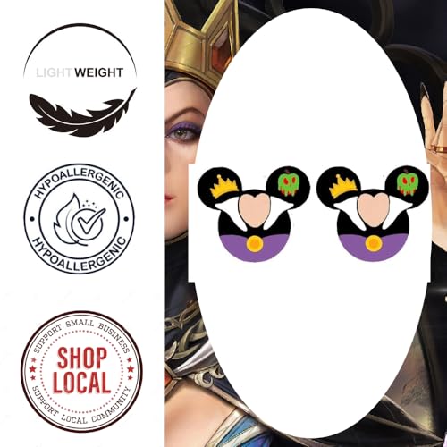 Cute Evil Queen Themed Earrings with Crown and Poison Apple Accents. Lightweight Stud Earrings for Women's Villain Cosplay3