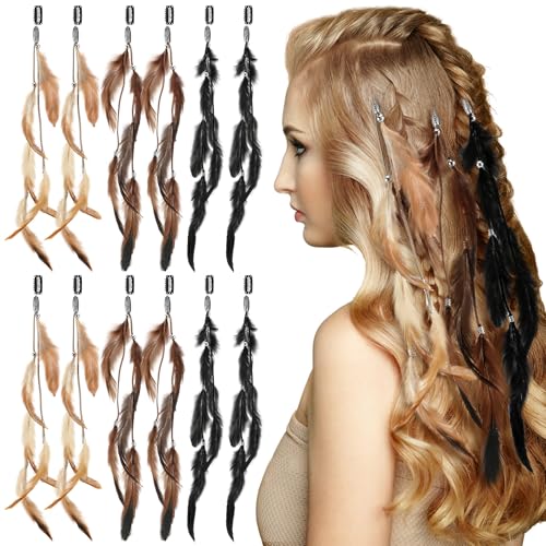 Geyoga 12 Pcs Clip in Hair Feathers with Beads Boho Feather Hair Clips for Women Rave Music Festival Accessories for Halloween Costume Carnival Party (Brown Black Dark Coffee Long)