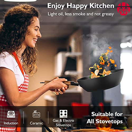 Wangyuanji Carbon Steel Wok Pan, 11" Flat Bottom Woks And Stir Fry Pans With Lid,No Chemical Coated Traditional Wok For Induction, Electric, Gas, Halogen All Stoves-Practical Gift #TOP7