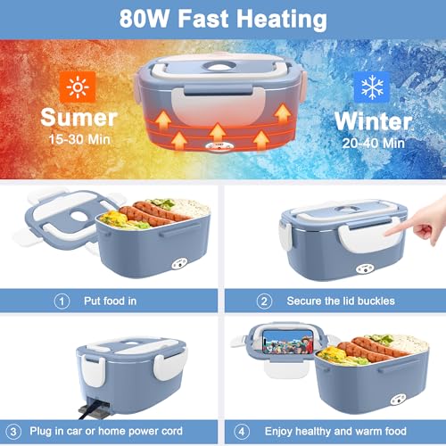 Image of Electric Heated Lunch Boxes Adults: 80W Electric Lunch Box Food Heated 12 /24 /110V 1.5L Heatable Lunch Box for Car /Truck /Office Leak-Proof Stainless Steel Container,Fork & Spoon,Bag (Light Blue+White)