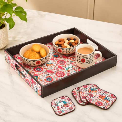 Image of GKD Wooden Serving Tray with Vibrant India Design | Set of 5 (1 Tray + 4 Coasters) | Premium MDF | Rectangular Decorative Tea Coffee Serving Tray | Multicolor Large | Made in India (Vibrant India)