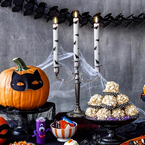 Image of GenSwin Halloween Flameless Taper Candles, 4 Pack LED Taper Candles Battery Operated with Remote Timer, Real Wax White Flickering Flameless Candlesticks with Bat Prints for Spooky Decor(0.75 inch x 9.65 inch)