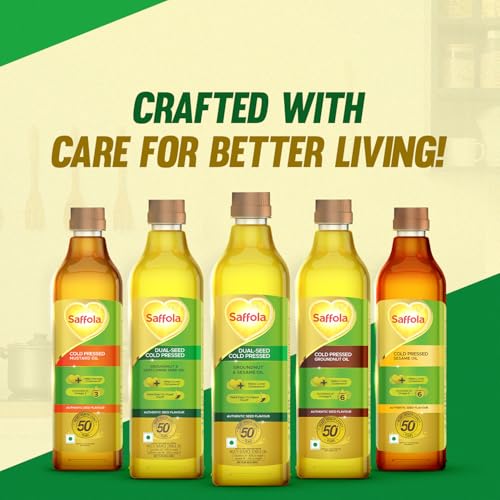 Image of Saffola Cold Pressed Oil, Goodness of 2 - Groundnut & Safflower | Helps Lower Cholesterol, Make Easy-To-Digest Food | 1L Pet Bottle