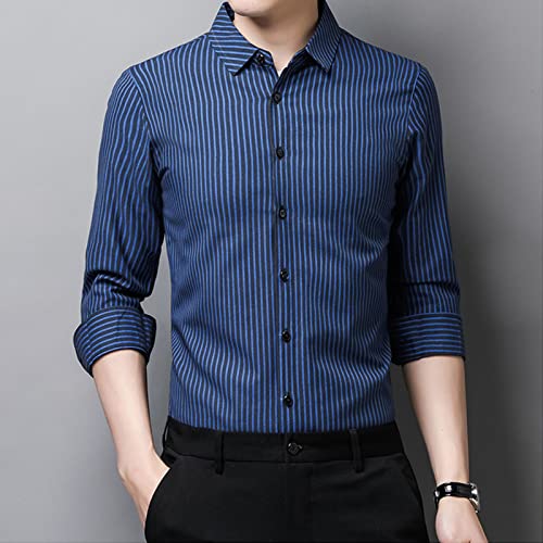 Men Lapel Striped Fashion Shirt Casual Thin Striped Loose Vintage Button Down Top Pinstripe Long Sleeve Shirt3