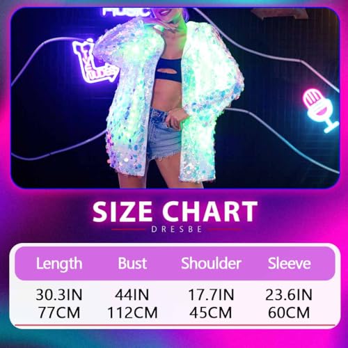 DRESBE Women's Light Up Sequin Jacket with Charging Cable Remote LED Long Hooded Coat Shiny Long Sleeve Zipper Blazer Coats for Party Club Concert (White)4