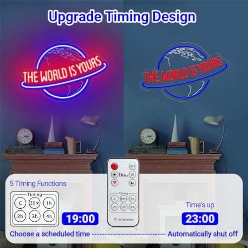 Image of The World Is Yours Neon Sign, Remote Dimmer Planet LED Neon Light Lamp for Wall Decor, USB Power for Man Cave Home Bar Bistro Club Cafe Wedding Game Room Bedroom Birthday Gift Graduation Party