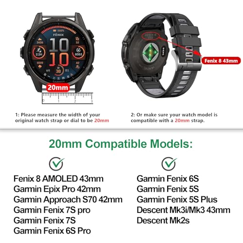 EZMVZKU 20mm Silicone Watch Straps Compatible with Garmin Fenix 8 AMOLED 43mm/7S/7S pro/Fenix 6S/6S Pro/5S/5S Plus,Quickfit Sport Bands for Garmin Approach S70 42mm/epix Pro 42mm/Descent Mk3i 43mm - Image 2