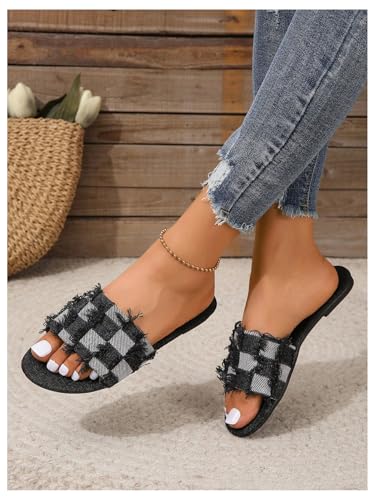 GORGLITTER Women's Denim Flat Sandals Plaid Distressed Round Open Toe Vacation Slide Sandal Slides4