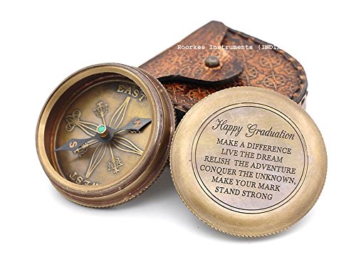 Roorkee Instruments India Happy Graduation Quote Solid Brass Compass W/Leather Case