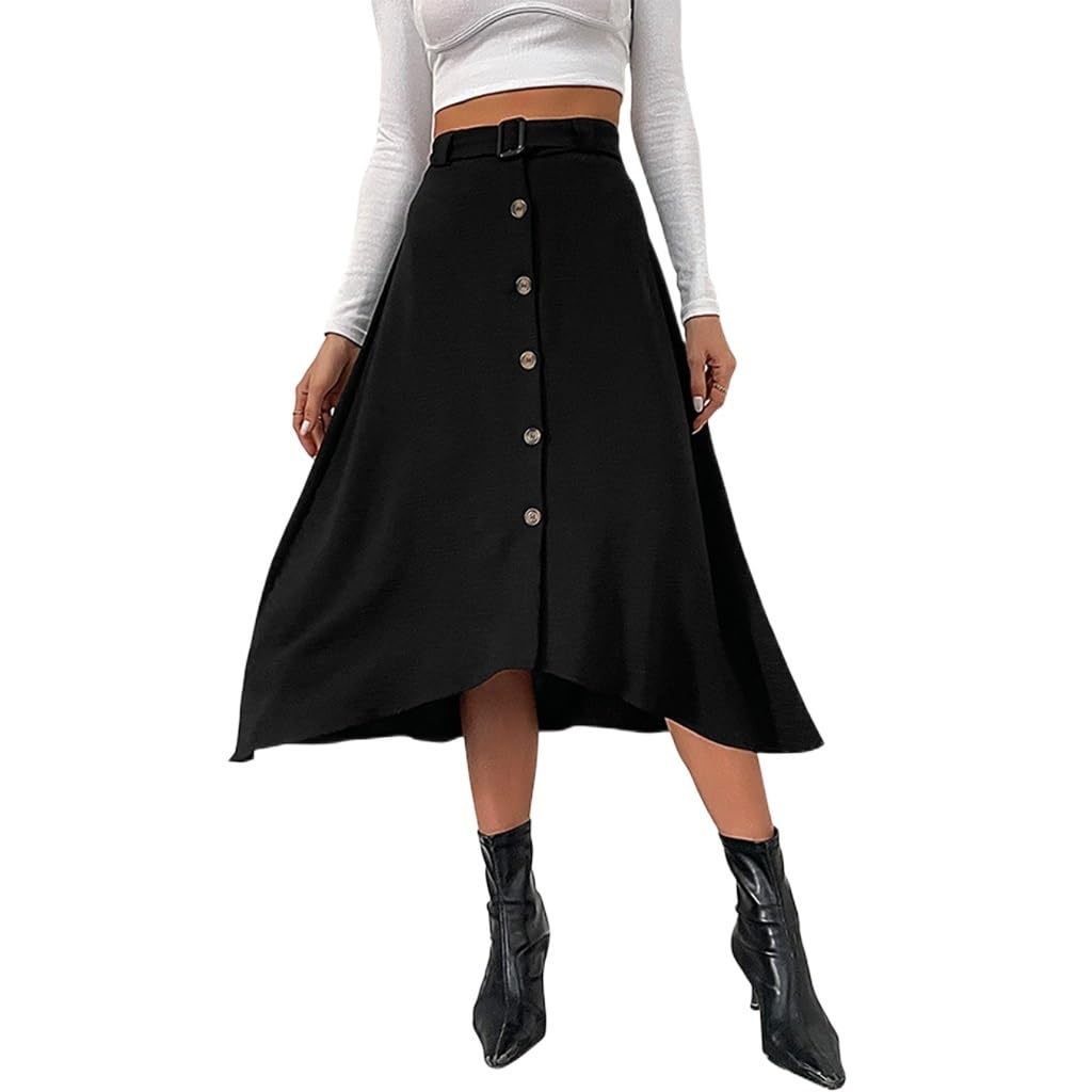 Las Mujeres de Cintura Alta Una Línea de Botones Delanteros Flowy Flare Midi Falda Vintage Solid Dobladillo Irregular Casual Faldas de Trabajo