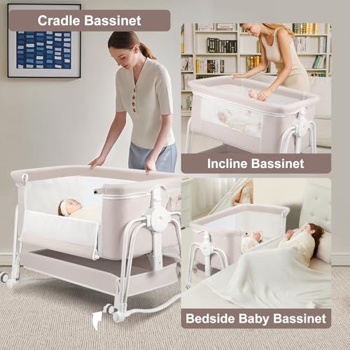 4 in 1 Baby Bassinet Bedside Sleeper, Rocking Baby Crib with Lockable Wheels, Storage, Mosquito Net and Matress Included, 7 Level Adjustable Bedside Bassinet for Baby Newborn(Cream)