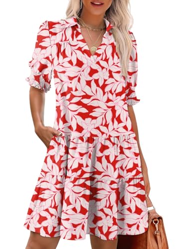 Image of Dokotoo Casual Dresses for Women Lapel Collared V Neck Mid Sleeved Pleated Summer Dresses for Women 2026 Midi Dresses